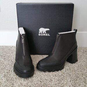 NEW SOREL Brex Heel Zip Boots Black Chunky Heel Platform Waterproof Leather 9.5